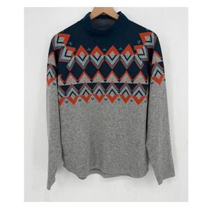 Title Nine Sweater Womens XL Gray Blue Orange Merino Wool Geometric Mock Neck